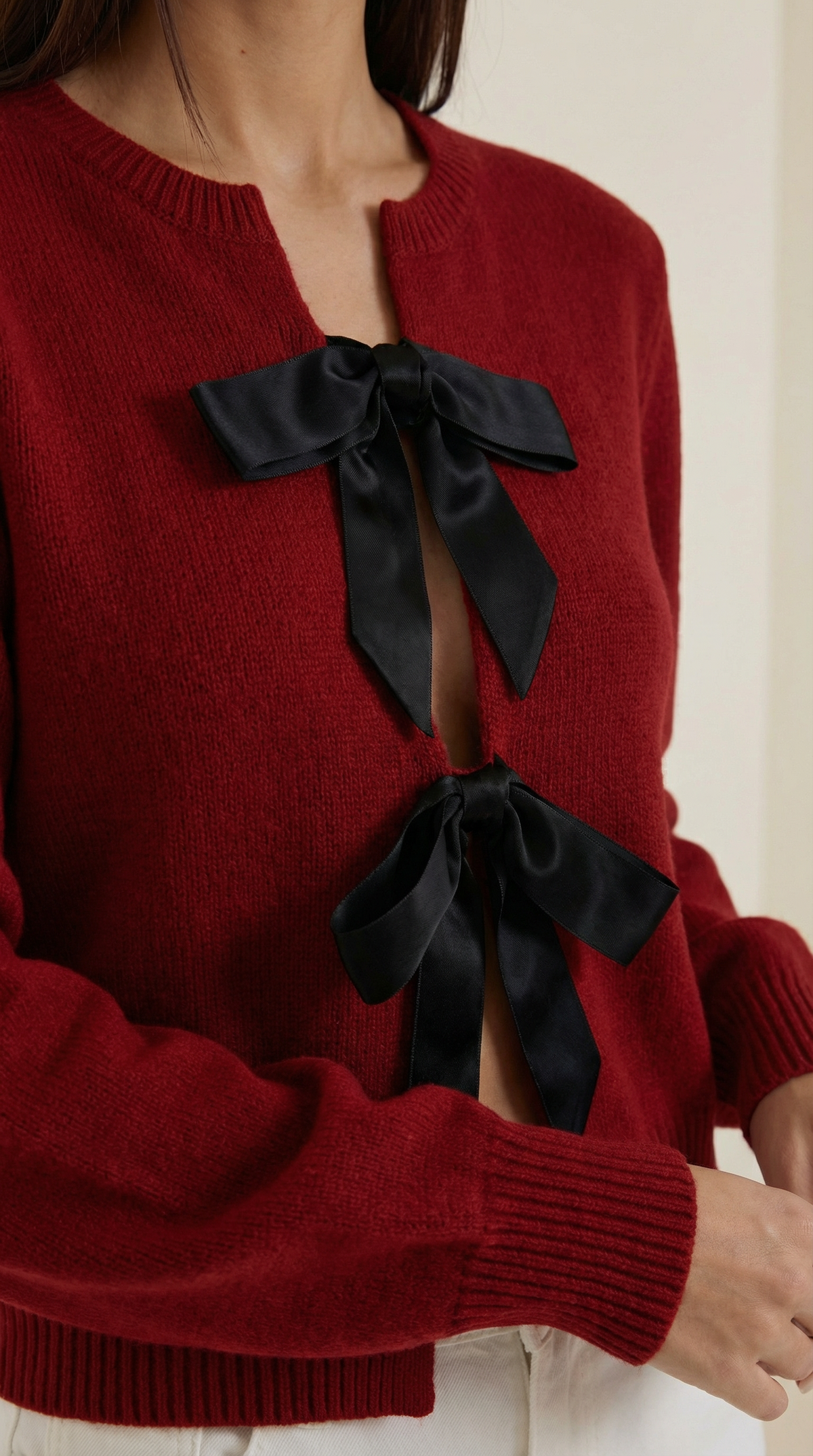 Top Donna in Maglia con Fiocco e Maniche Balloon