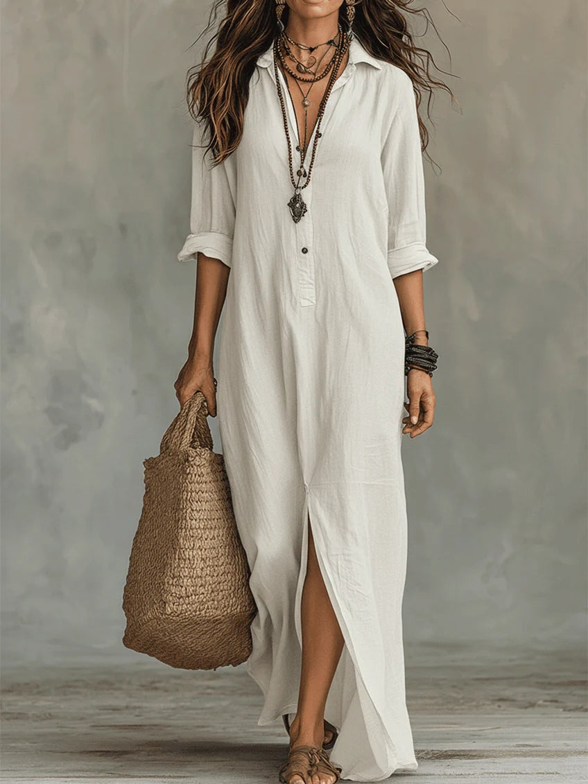 Soline™ | Abito Maxi Nero Ampio con Bottoni