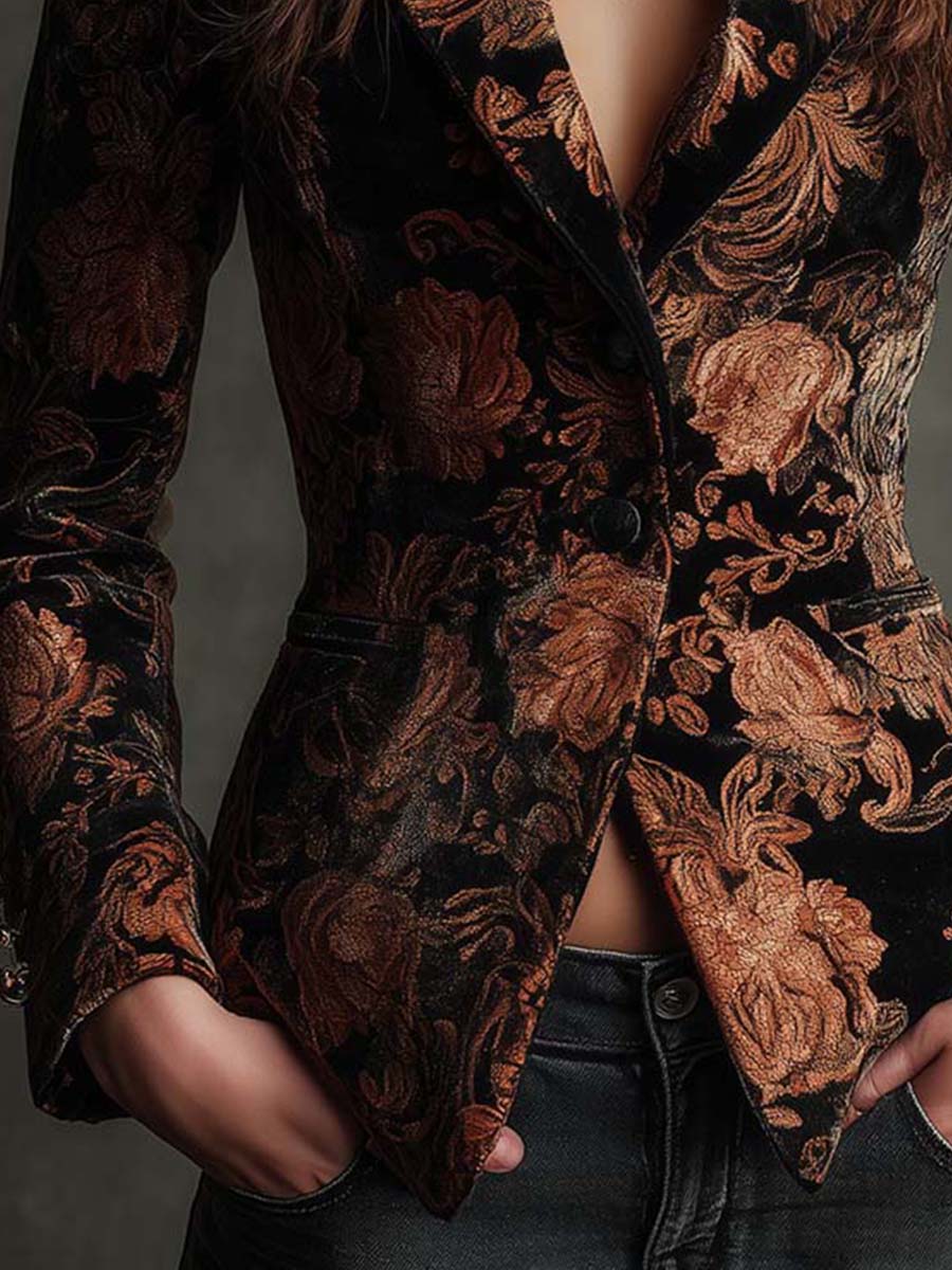 Arabella | Blazer Tailored Nero e Bronzo con Motivo Floreale