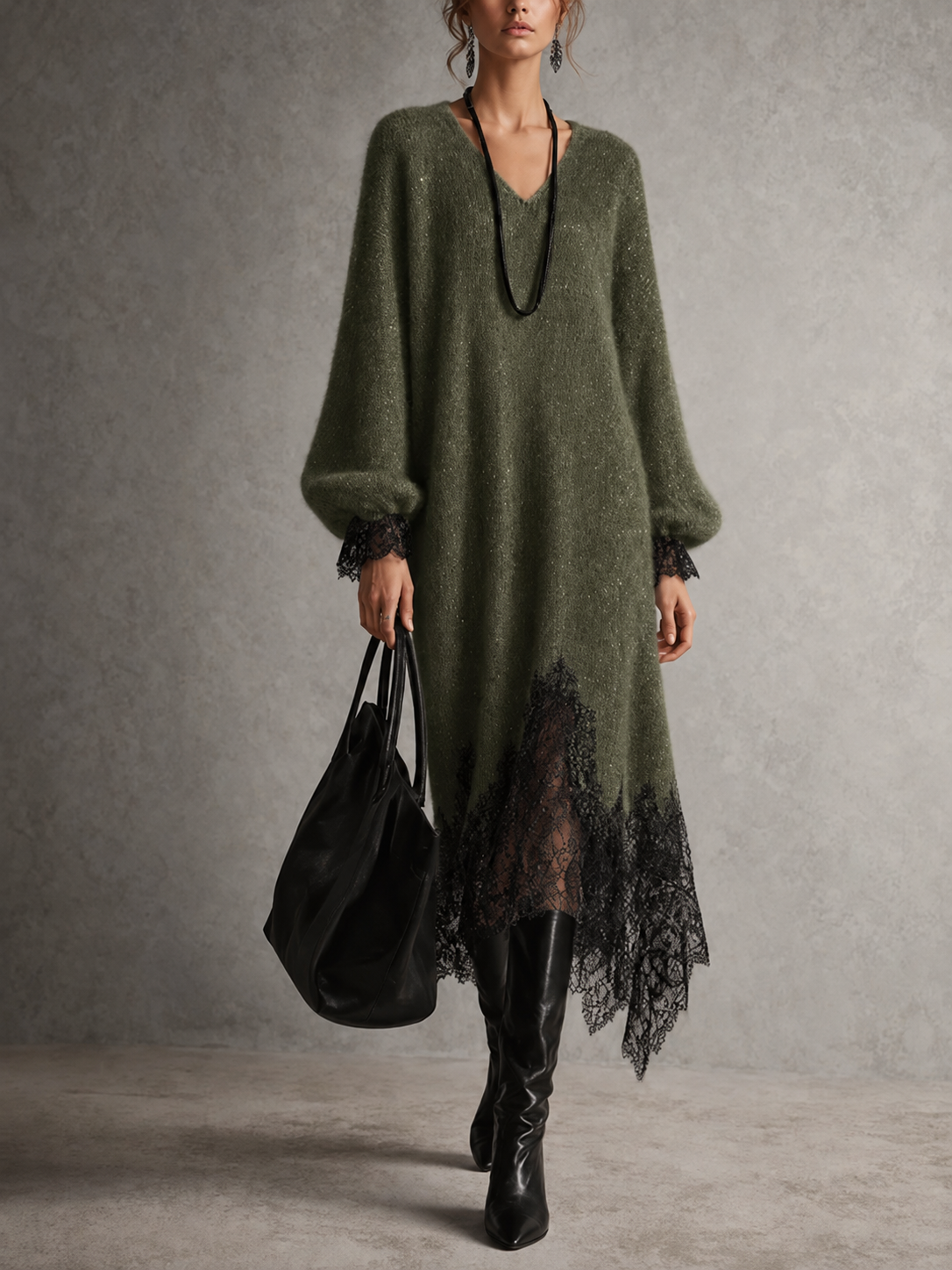 Rachele | Abito midi in maglia con pizzo