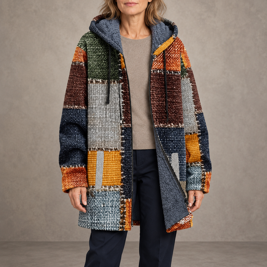 Terra | Cappotto con cappuccio effetto patchwork