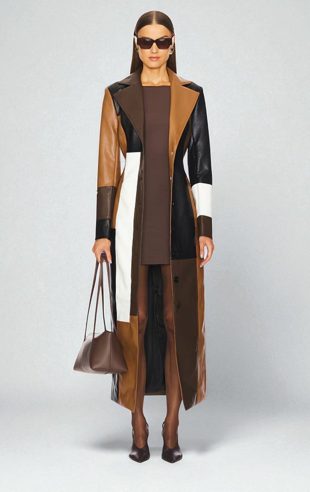 Nila | Cappotto lungo in pelle a blocchi di colore