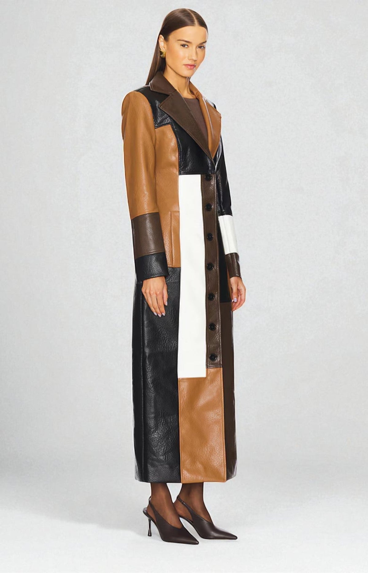 Nila | Cappotto lungo in pelle a blocchi di colore