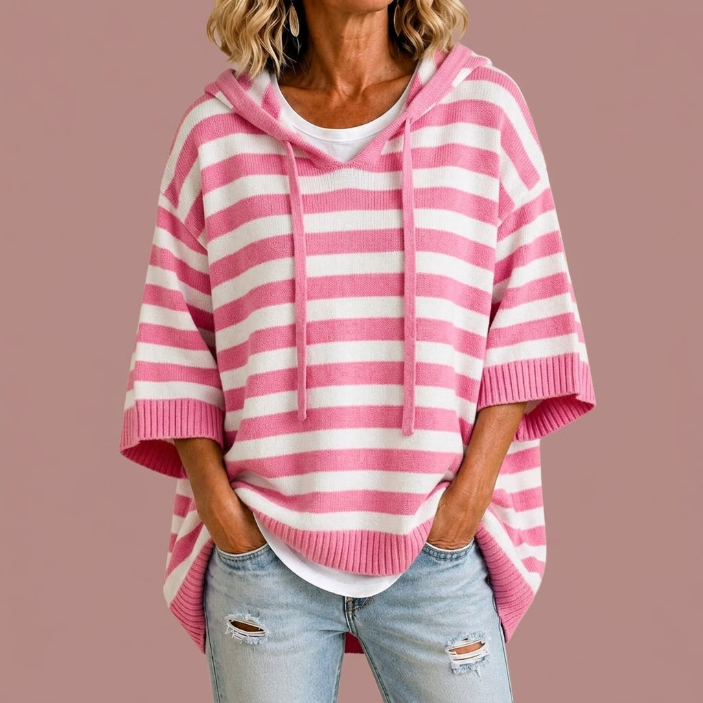Loredana | Poncho in maglia a righe con cappuccio