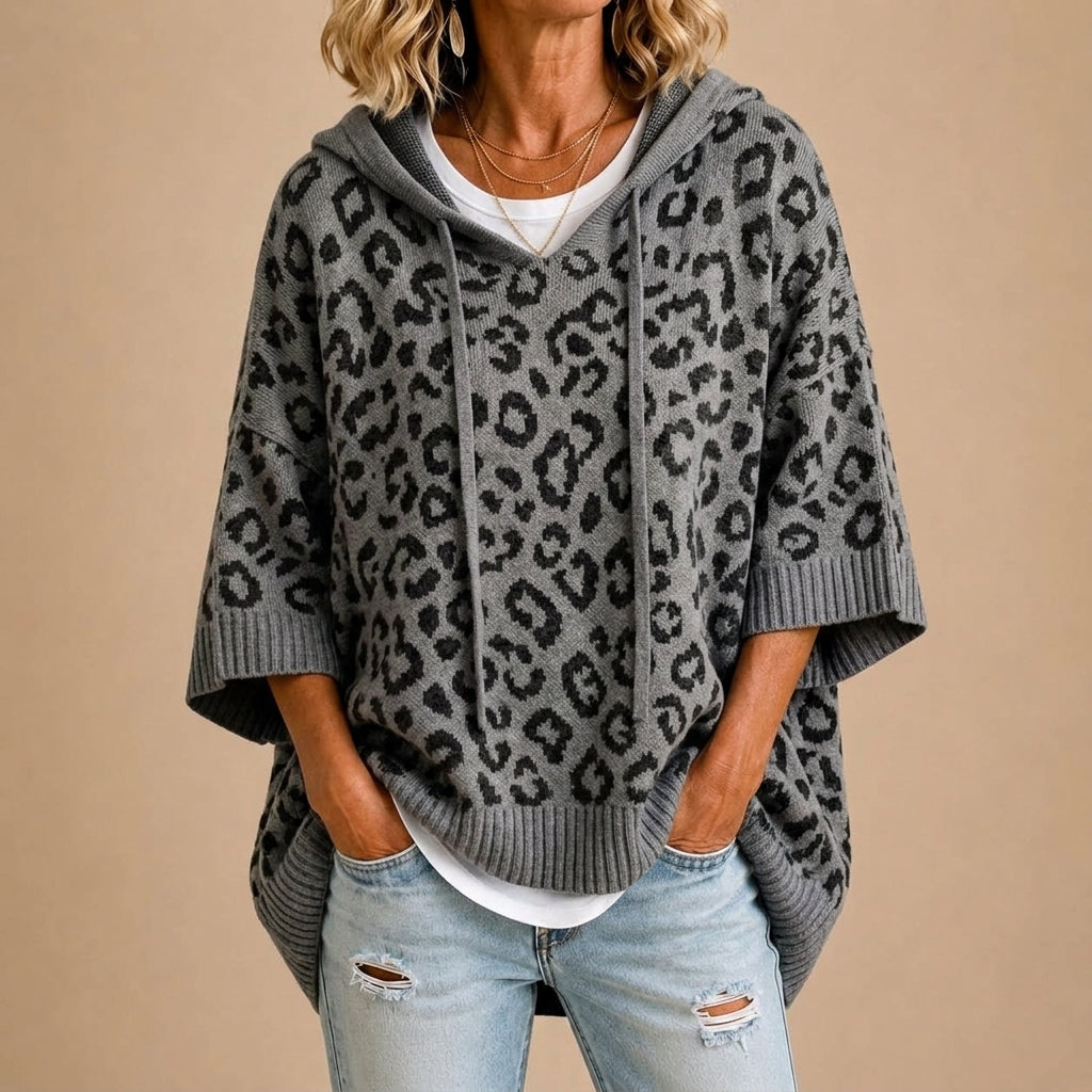 Gabriella | Poncho leopardato in maglia con cappuccio