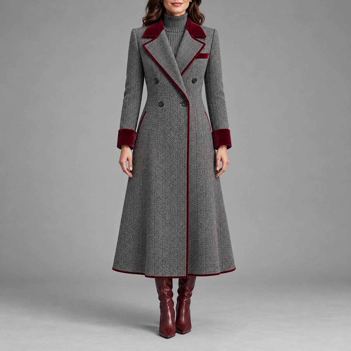 Vittoria | Cappotto lungo spigato con dettagli bordeaux