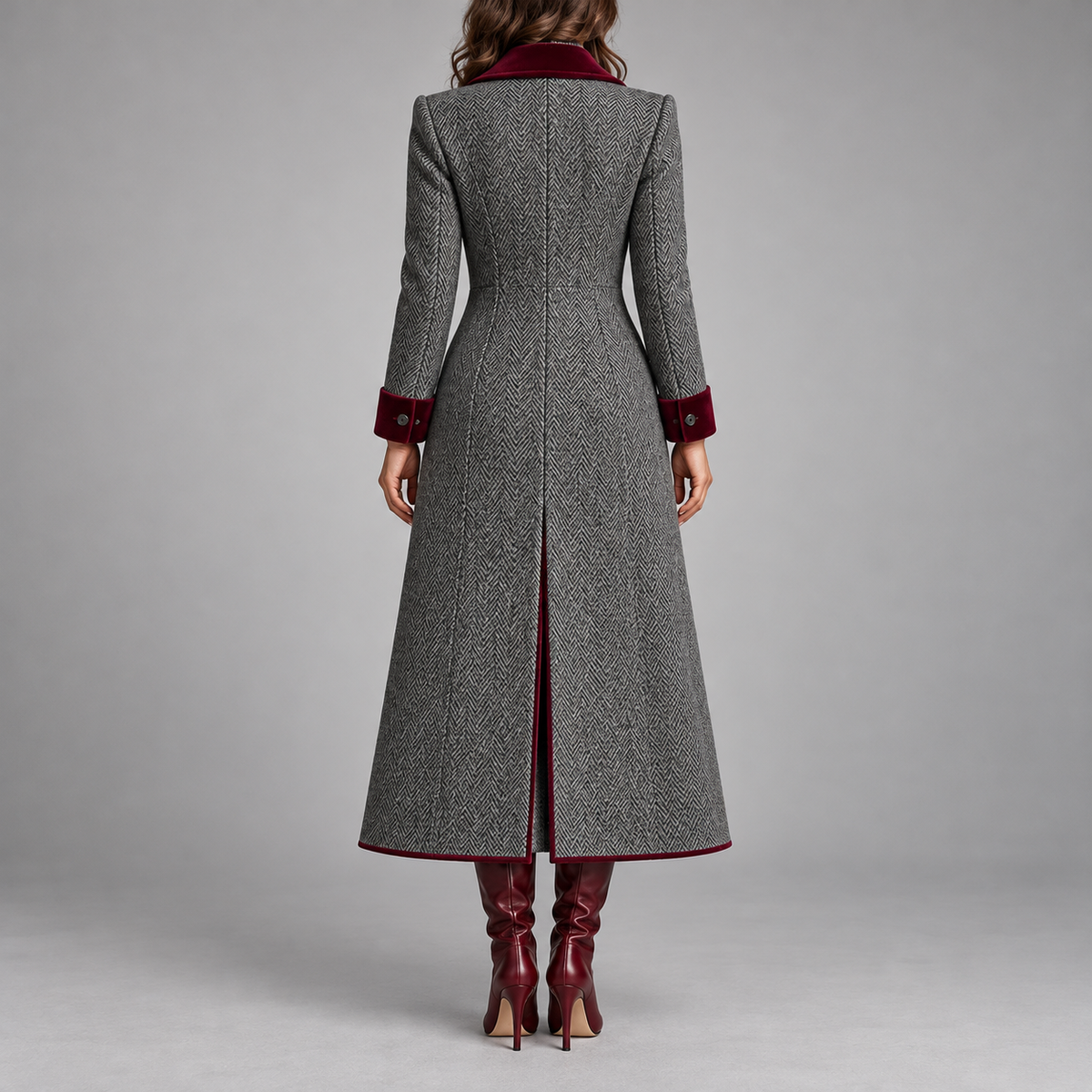 Vittoria | Cappotto lungo spigato con dettagli bordeaux