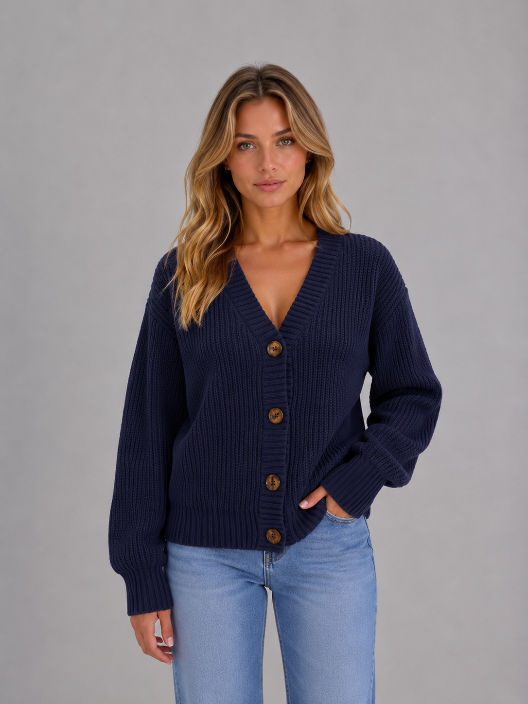 Cardigan Donna in Maglia Grossa con Bottoni Oversize