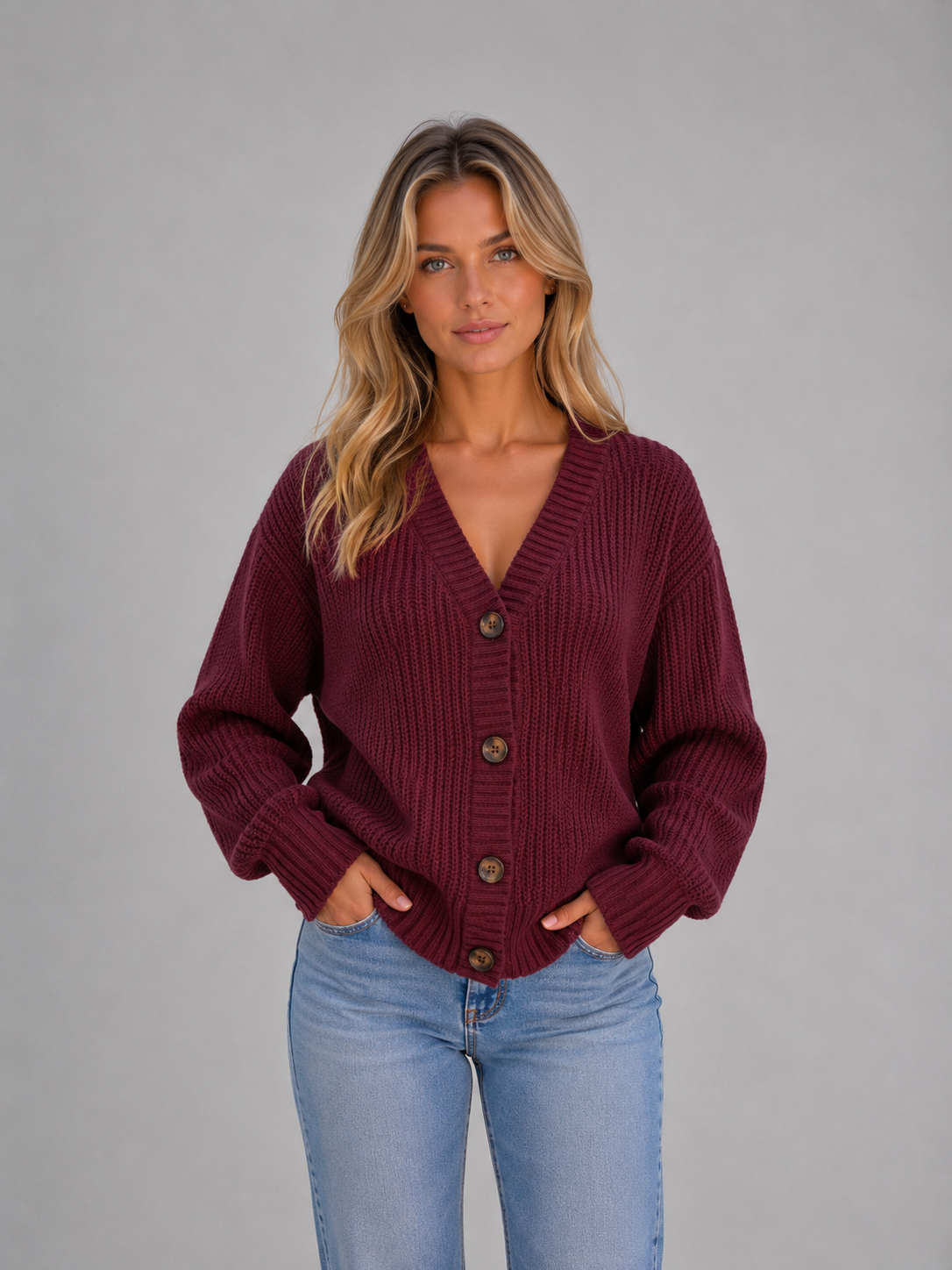 Cardigan Donna in Maglia Grossa con Bottoni Oversize