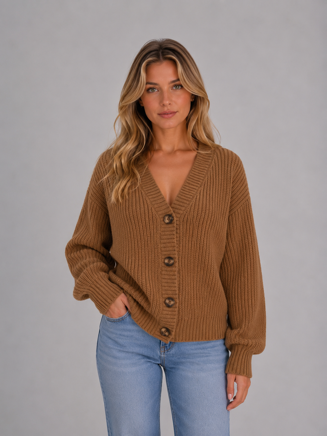 Cardigan Donna in Maglia Grossa con Bottoni Oversize