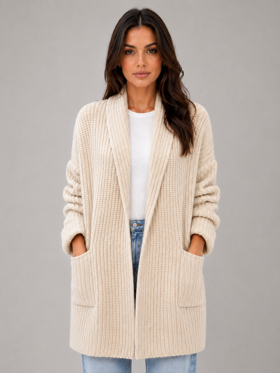 Cardigan Lungo Donna con Collo a Scialle e Tasche