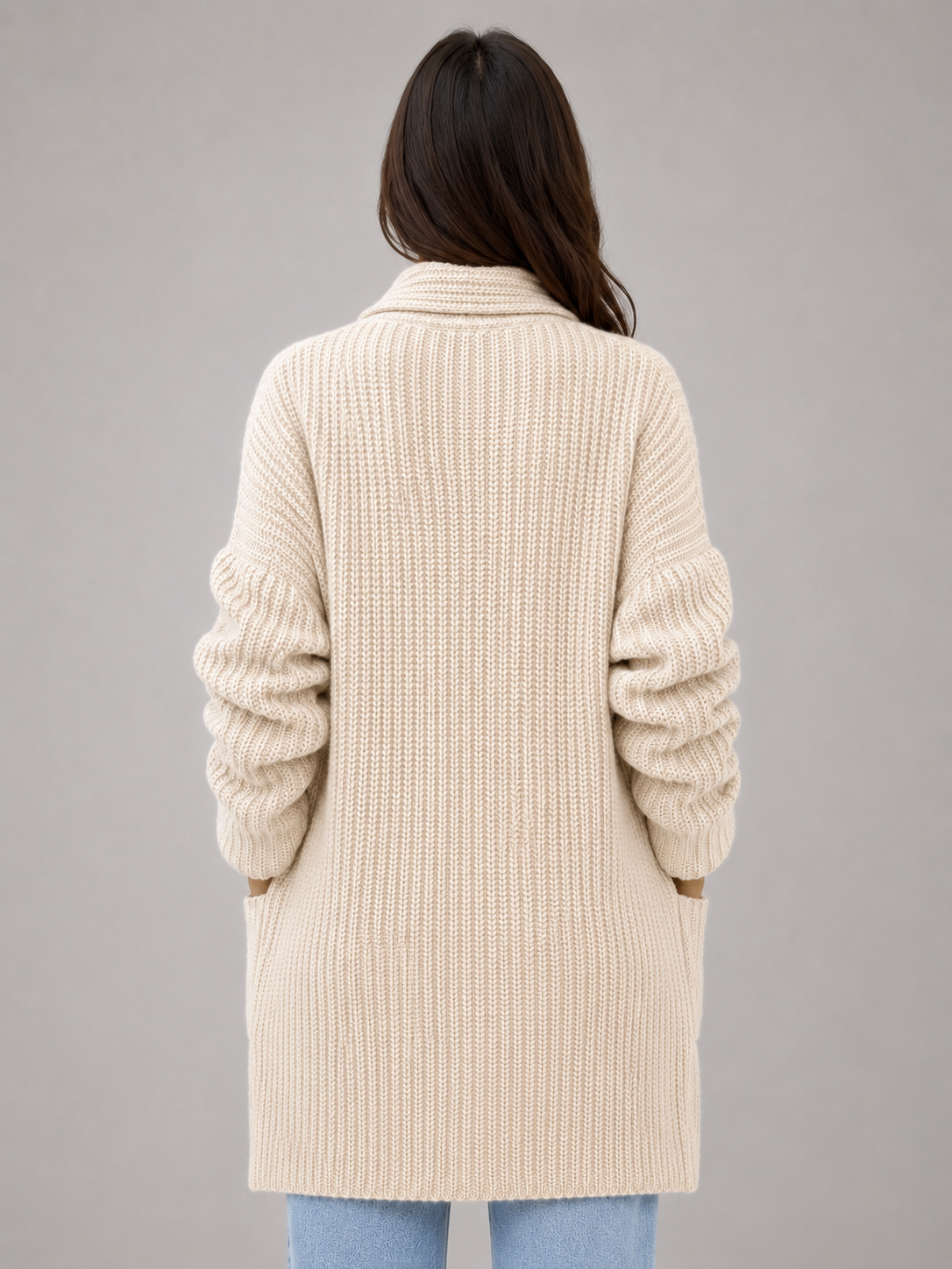 Cardigan Lungo Donna con Collo a Scialle e Tasche