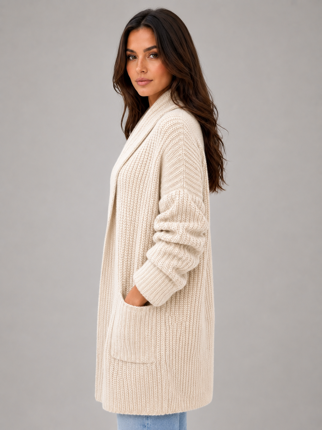 Cardigan Lungo Donna con Collo a Scialle e Tasche