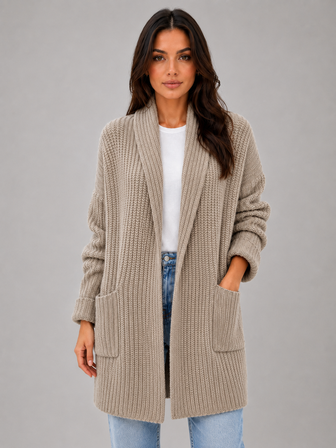 Cardigan Lungo Donna con Collo a Scialle e Tasche