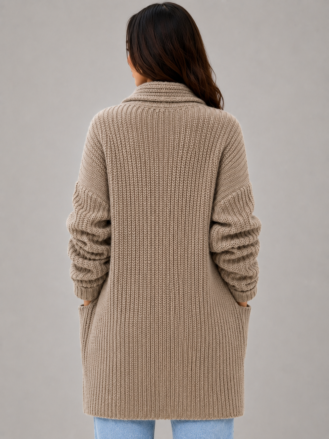 Cardigan Lungo Donna con Collo a Scialle e Tasche