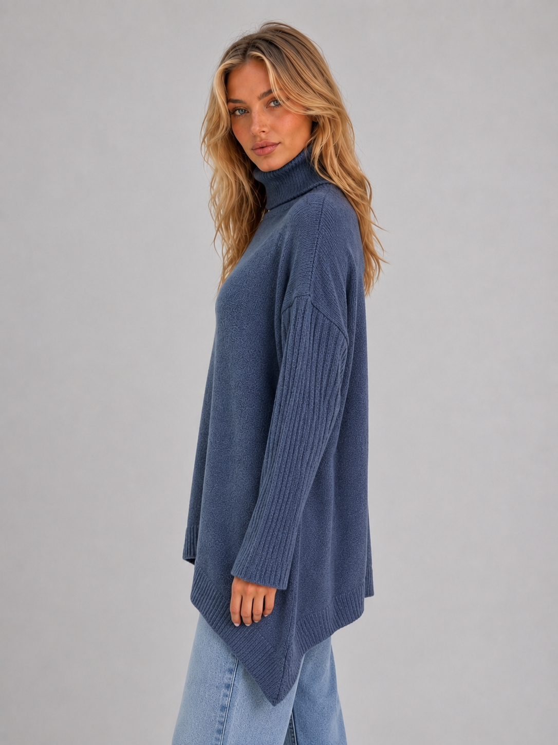 Maglione Dolcevita Donna Oversize con Orlo Asimmetrico