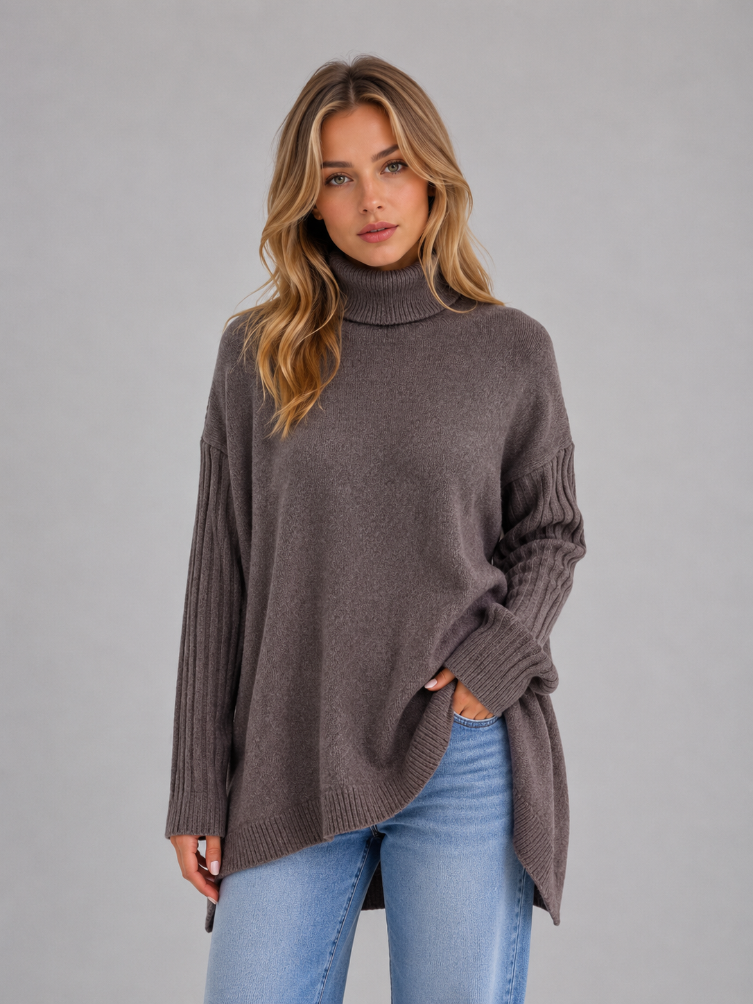 Maglione Dolcevita Donna Oversize con Orlo Asimmetrico
