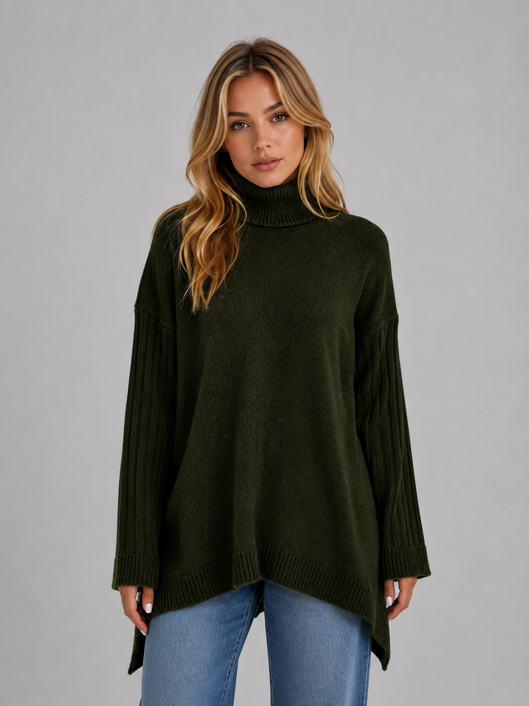 Maglione Dolcevita Donna Oversize con Orlo Asimmetrico