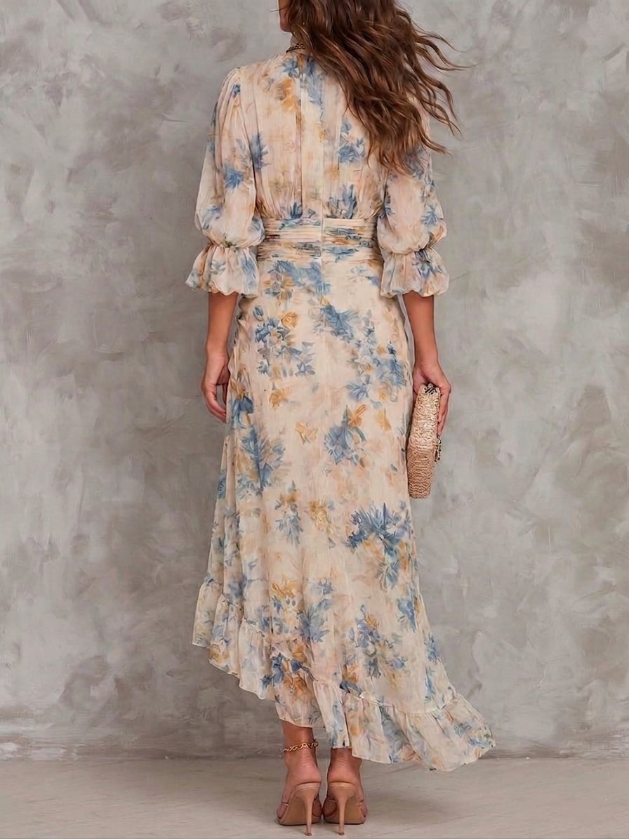 Abito Maxi in Chiffon a Collo Alto con Stampa Floreale da Donna