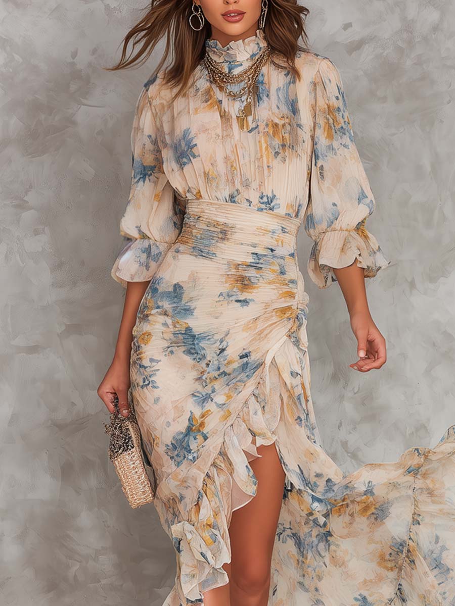 Abito Maxi in Chiffon a Collo Alto con Stampa Floreale da Donna