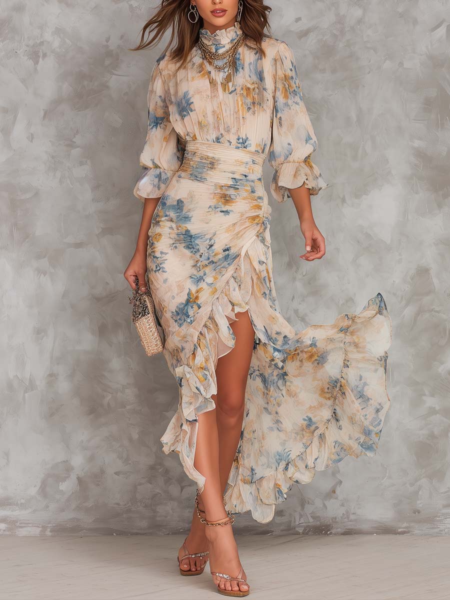 Abito Maxi in Chiffon a Collo Alto con Stampa Floreale da Donna