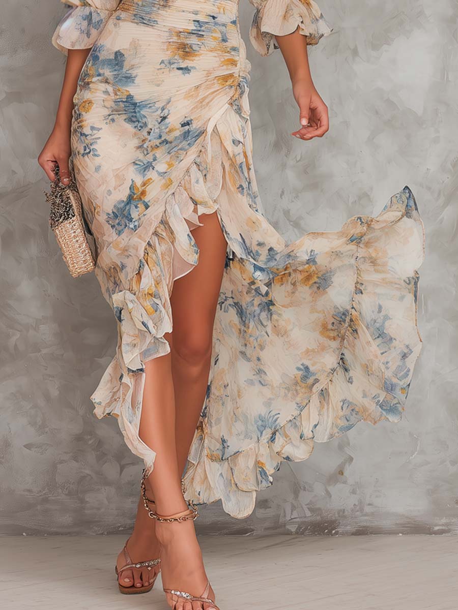 Abito Maxi in Chiffon a Collo Alto con Stampa Floreale da Donna
