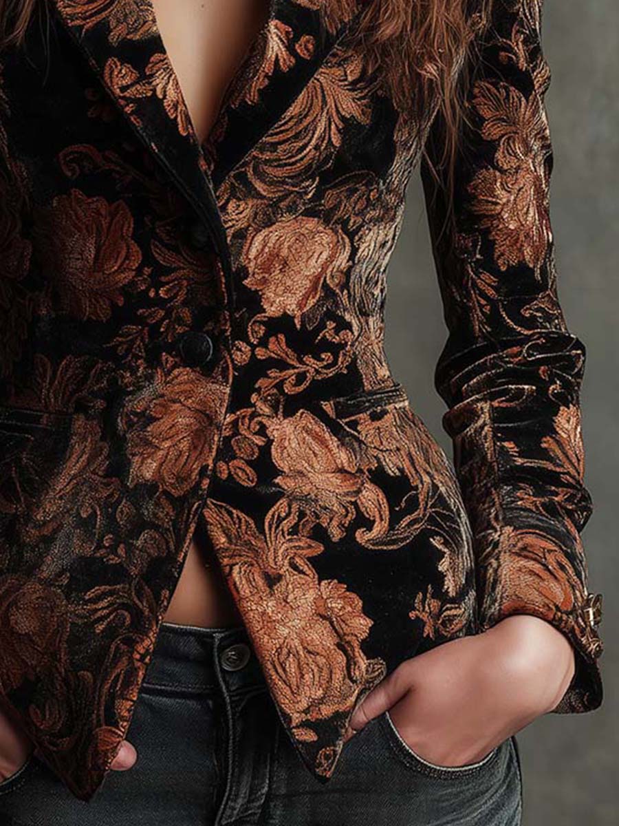 Arabella | Blazer Tailored Nero e Bronzo con Motivo Floreale
