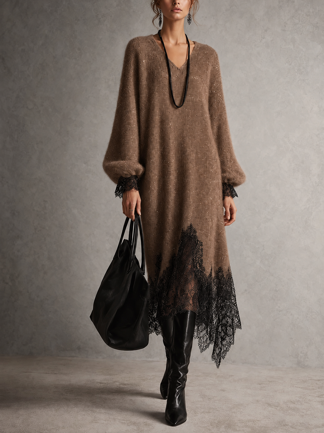 Rachele | Abito midi in maglia con pizzo