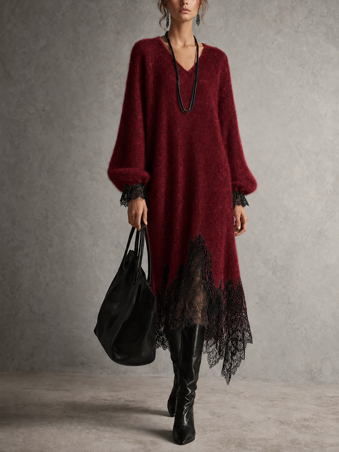 Rachele | Abito midi in maglia con pizzo