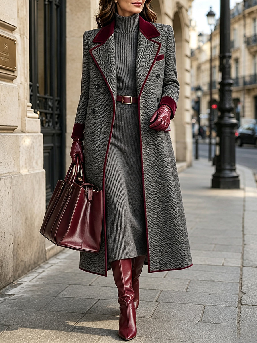 Vittoria | Cappotto lungo spigato con dettagli bordeaux