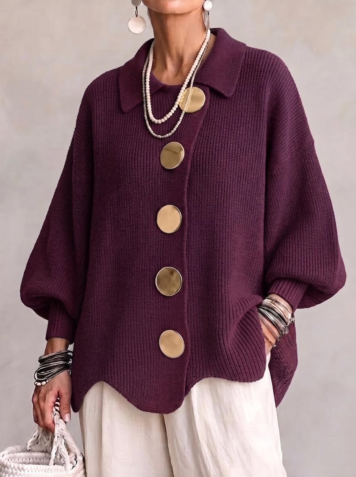 Karina | Cardigan oversize con colletto e bottoni dorati